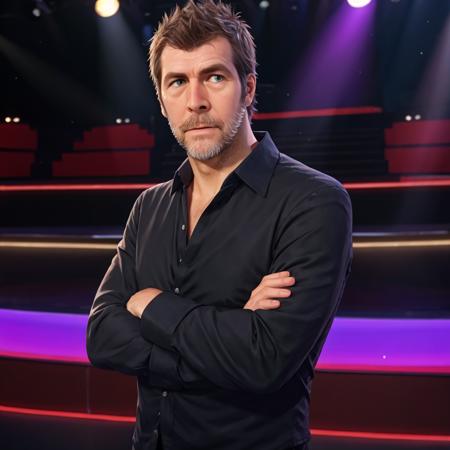 <lora:RhodGilbert:1> rhod gilbert. man with beard standing, on stage, portrait, face, black shirt