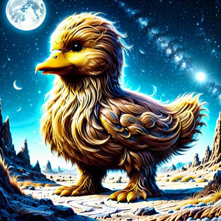 A colorblind bright yellow duck over in Wookiee Hair, standing near a bear in the moon surface, 
score_9, score_8_up, score_8_up, masterpiece,super detailed face, super high resolution, FaceDetail, masterpiece-level, highly detailed, intricate details, detailed background, complex background, cinematic, intricately detailed illustration, depth of field, masterpiece, best quality, amazing quality, very aesthetic, absurdres, newest, very awa, shadow, dynamic angle,