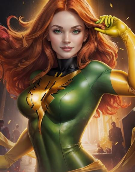 beautiful, (masterpiece:1.2), (best quality:1.2), vibrant, perfect face,pov, close up, face focus, head shot, 1girl, jean-grey, green bodysuit, yellow gloves, smile, foreshortening, depth, <lora:jean_grey-10:0.8>, blank background