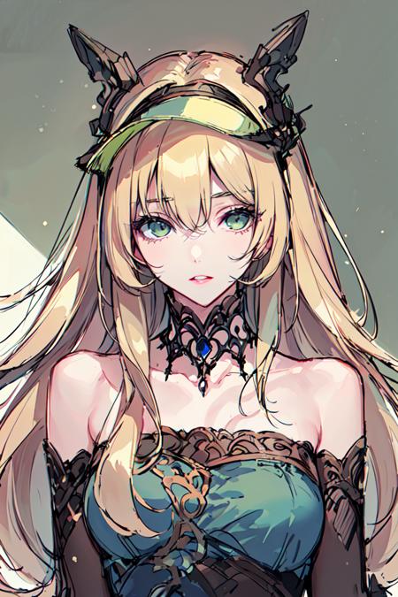 masterpiece, intricate detail,best quality,  <lora:BM94199:0.8>1girl, solo, long hair, visor cap, bare shoulders, sketch, parted lips, green eyes, blonde hair, upper body, looking at viewer, dress, strapless