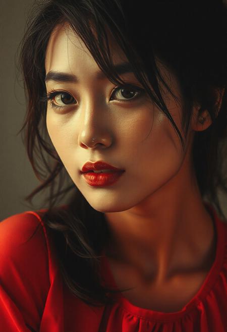 photorealistic poster ink art, double exposure image, the firstimage positioned at the top, featuring a closeup portrait of a beautiful oriental women wearing a short red dress, disheveled hair, bare shoulders, slightly parted lips, detailed fabric, [masterpiece], [best quality], chiascuro,