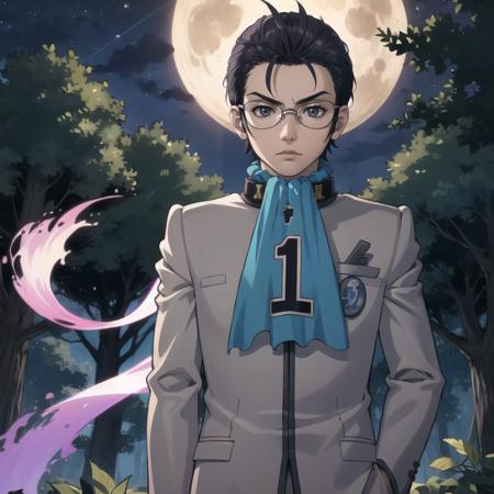 masterpiece, best quality, 1boy, looking at viewer,  <lora:Nanjo:1>, nanjop1, school uniform, blue ascot, glasses, forest, (night), spooky,  (sheathed sword)