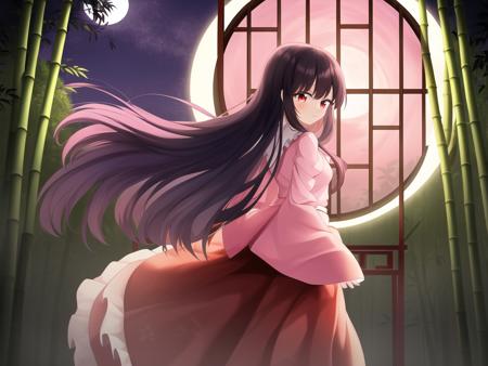 masterpiece, best quality,<lora:kaguya-000014:0.5>,houraisan kaguya, touhou, long hair, black hair, hime cut, pink shirt,pink sleeves,red long skirt,standing,bamboo forest,night,moon,pavilion,