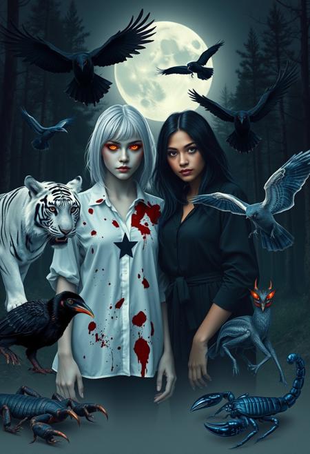 In a moonlit forest clearing, two young women in their early twenties stand in stark contrast. The first girl, with silver-white hair and a ghostly pale complexion, wears a white blouse stained with dark red splotches. A simple black five-pointed star adorns her chest, and her eyes glow with a faint yet unsettling crimson light, adding an eerie calm to her presence.
Opposite her, the second girl has jet-black hair and deep tan skin, her dark blouse also blood-stained but blending with the shadows. Her black star is barely visible, and her intense crimson eyes shine with a sharp, alert gaze.
Surrounding them are twelve wild animals, adding to the surreal atmosphere. A majestic white tiger prowls nearby, its fur catching the moonlight and reflecting a faint red glow. Two large, spectral ravens with glowing crimson eyes circle overhead, their dark silhouettes against the moonlit sky. A massive, iridescent scorpion with blue-black pincers scuttles along the forest floor, its eyes glinting menacingly.
Both girls hold worn cardboard signs reading, ‘We Come in Peace,’ scrawled in crude black marker. The signs, stark against the night, contrast sharply with the unsettling scene. Moonlight casts long, shifting shadows on the forest floor, enhancing the haunting and surreal quality of the setting.