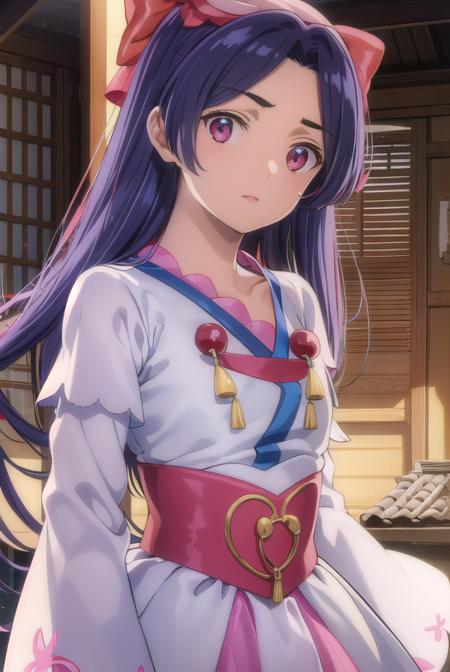 kazuki yasaka crossdress, long hair, (red eyes:1.3), blue hair, hair bow, (parted bangs:1.5), bow, bow, jewelry, dress, white dress, frills, long sleeves, skirt, pink skirt,