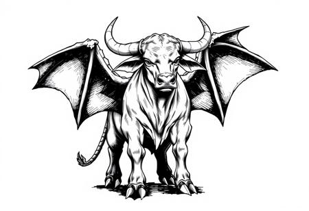 fantasy, ink art, comic style art, bull is standing with four feet, feet has claws, bat wings