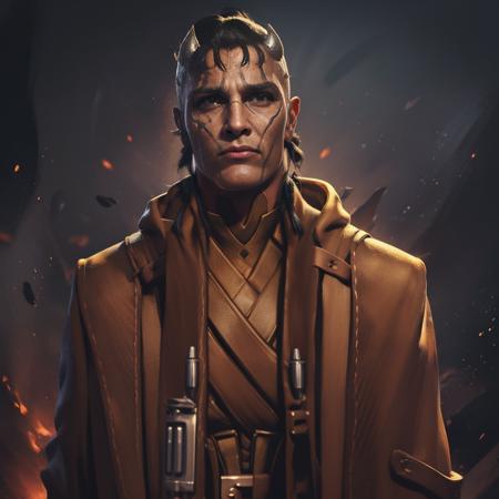 photo of a Zabrak man, <lora:Zabrak_LORA:1>, 2_tone_skin, brown and tan skin,  with (black hair), Slicked_back_hair, and bone horns,  punk, a character portrait, smuggler, scifi, pilot jacket, space opera scene