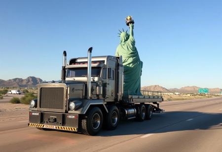 A heavy bonnet truck Marmon transports a reduced copy of the Statue of Liberty along a highway in the Mexican desert on a trailed special platform.