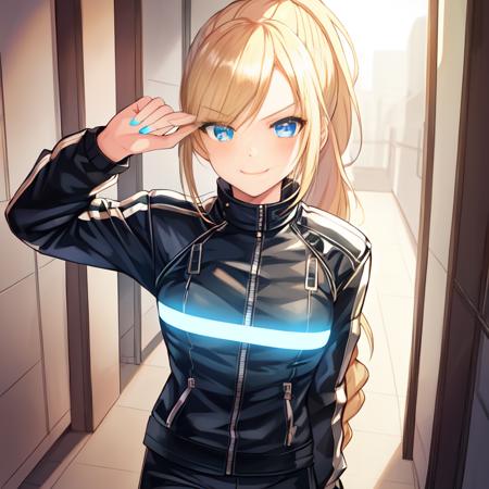 {1girl}, determined, biker jacket, casual pants, masterpiece, smirking, perfect detailed on hands, illustration, beautiful-detailed eyes, {{cinematic light}}, ultra detailed, {long hair}, {katana}, hallway, small breasts, blonde hair with highlights, futuristic city, industrial, monitors, open area, from front, eye focus, determined, determined look, {glowing blue eyes}, braided ponytail