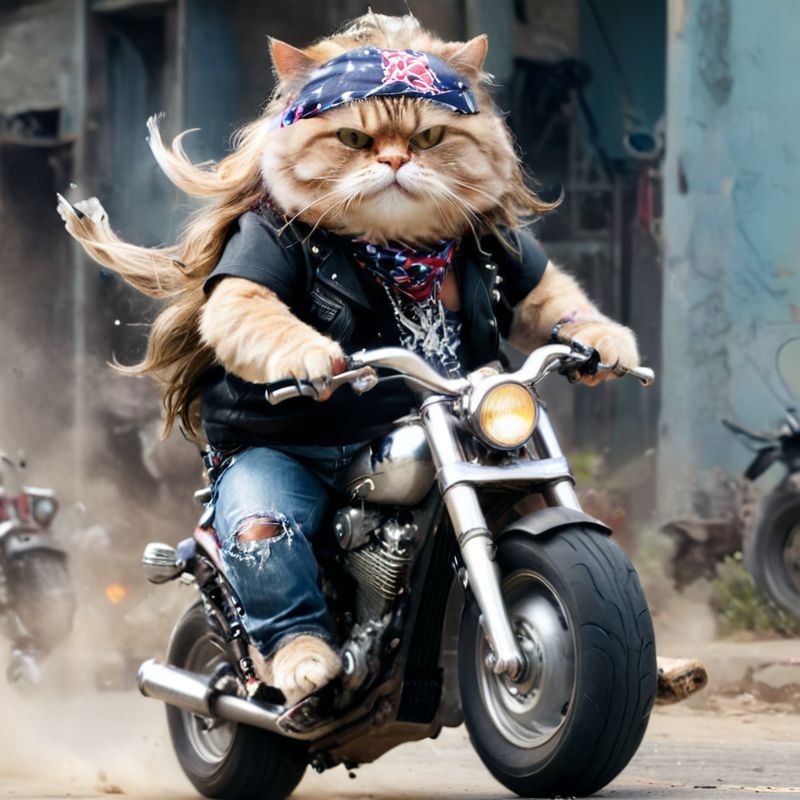 A cat wearing a bandana and riding a motorcycle.