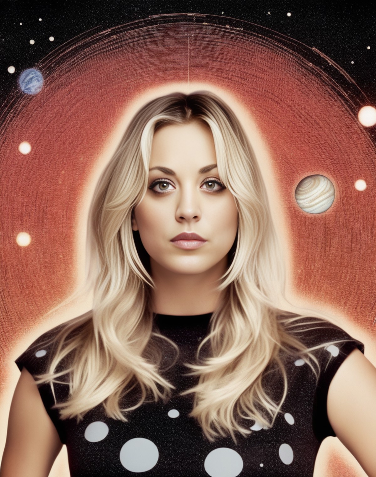 KaleyCuoco, art by Brian Bolland, photograph, Stupid curvy Girl surrounded by Interplanetary magnetic field, Bokeh, Screen...