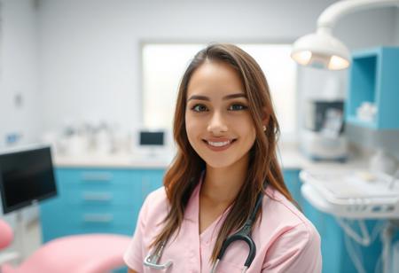 medium shot, front view of a Beautiful real young woman, pink clinic uniform, dental clinic work space at the background