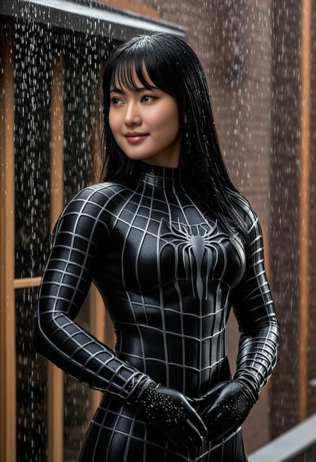 score_9, score_8_up, score_7_up, best quality, realistic, masterpiece, beautiful detail, hyperrealistic, cafe, raining, ((1girl, woman body, huge breasts)), amazing detailed full body portrait of a beautiful japanese girl, wearing a realistic and highly detailed black raimi spider-man suit, ((huge muscular girl)), professional model wears ultra - detailed and grained black raimi spider - man suit, suit covered entire body and hand, black spiderman gloves, wet,((standing, full body shot, pose variation:1.5, alternate pose:1.5, selfie)), (((depth of field))), sweet smile, black hair, octane render, highly detailed, volumetric, dramatic lighting, (highest quality:1.1), (HDR:1.3), (top quality, best quality), realistic, high definition, Expressionism - sharp focus, professional photography, masterpiece, ultra detailed photograph, high quality, 8k,