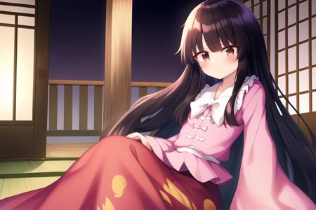 masterpiece, best quality,<lora:kaguya-000014:0.5>,houraisan kaguya, touhou, long hair, black hair, hime cut, pink shirt,pink sleeves,red long skirt,bamboo forest,night,moon,pavilion,brown eyes,flat chest,sitting on the fence