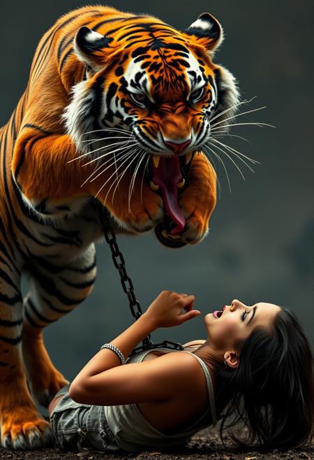 realistic photography of a majestic tiger jumping on a helpless slave girl in chains, the tiger attack a girl, girl scared and terrified