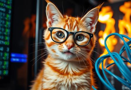 orange striped tabby wearing nerdy glasses, chewing fiber optic cable, breaking fiber optic cables, background: server room catching fire