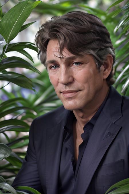 a man in a dark blue purple suit, in a jungle paradise, [smiling], (close up, head shot), raw, 8k, uhd, fujifilm xt3, highly detailed face, <lora:ericRoberts:1>