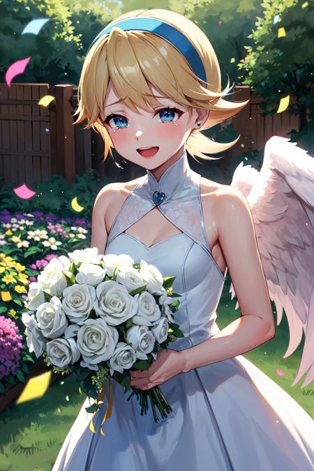 masterpiece, best quality, highres, ddnina, blonde hair, short hair, swept bangs, hairband, blue eyes, angel wings, white wings, <lora:nina_bof4_v1:0.7>, wedding dress, white dress, sleeveless, garden, standing, confetti, smile, open mouth, tears, holding bouquet, upper body, jewelry,