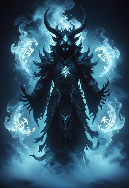 A shadow demon, with a completely black body composed of smoke, features iridescent white runes that fade into a gradient, eventually turning frosty silver. This ghostly entity appears to cover the entire planet, presented in an anime style with low contrast. The demon boasts white, glowing horns and draws inspiration from traditional Japanese and Chinese demons.
