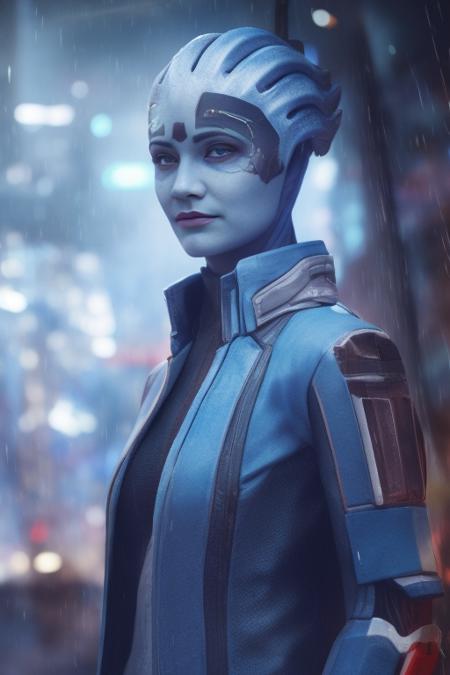 woman, asari, close up, action pose, sci-fi complex clothes, cyberpunk, blue_skin, cyberpunk warehouse, rain, looking into the camera, hair flying, (anime), (illustration), cartoon, detailed