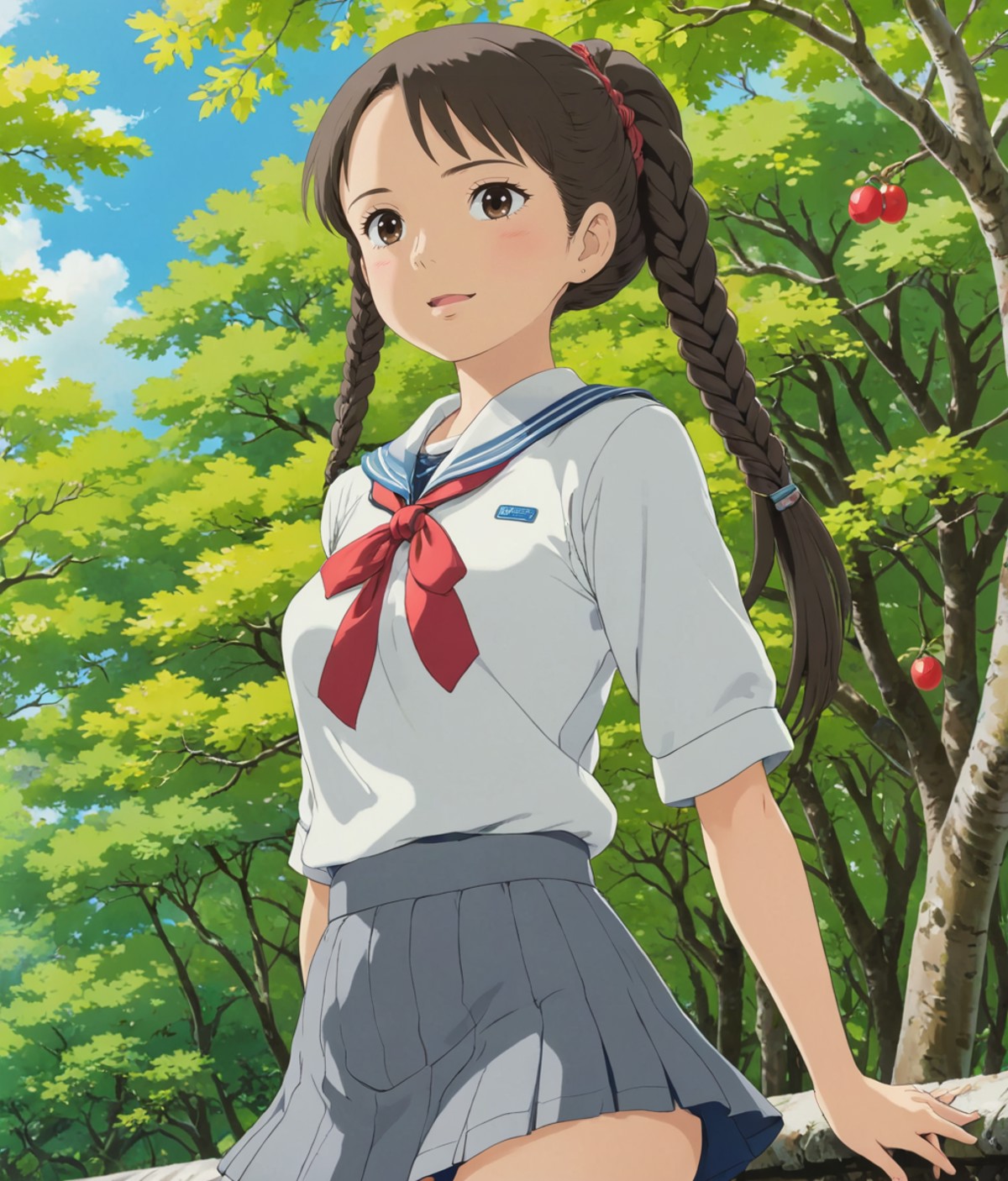 attractive arafed asian girl, braid, 1 girl, , japanese school uniform, white top, gray fruit)) mini skirt)), looking at t...