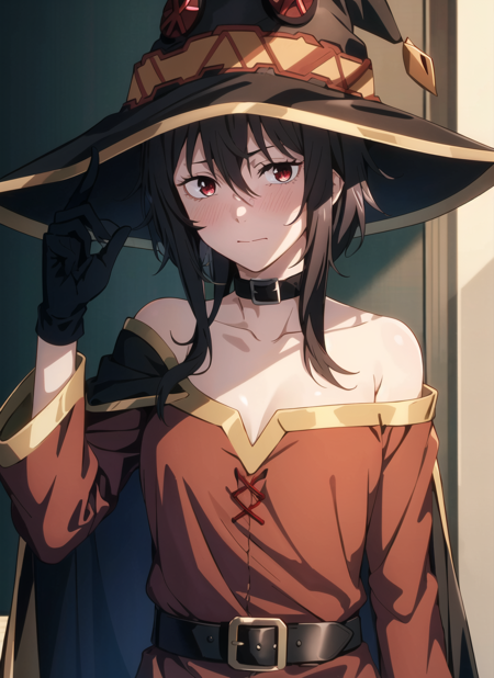 csm anime style, megumin, 1girl, bare shoulders, black cape, black gloves, black hair, blush, cape, choker, collarbone, dress, hair between eyes, hat, long sleeves, looking at viewer, medium hair, off-shoulder dress, off shoulder, red dress, red eyes, sidelocks, solo, witch hat,  ((masterpiece)) <lora:csm_anime_style_offset:1>