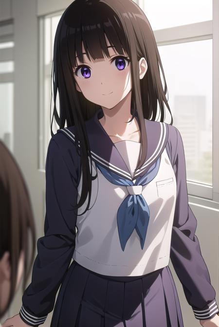 eruchitanda, <lora:eru chitanda s1-lora-nochekaiser:1>,
eru chitanda, long hair, black hair, bangs, blunt bangs, (purple eyes:1.1), sidelocks, smile,
BREAK skirt, school uniform, serafuku, kamiyama high school uniform \(hyouka\), black skirt, long sleeves, black sailor collar,
BREAK indoors, classroom,
BREAK looking at viewer, (cowboy shot:1.5),
BREAK <lyco:GoodHands-beta2:1>, (masterpiece:1.2), best quality, high resolution, unity 8k wallpaper, (illustration:0.8), (beautiful detailed eyes:1.6), extremely detailed face, perfect lighting, extremely detailed CG, (perfect hands, perfect anatomy),