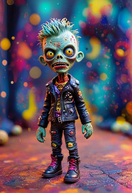 Tilt shift photography style, Diorama page, stuffed toy, chibi, a zombie, punk jacket, leather boots, Rivets on jacket, walking, ( Unmanned:1.2), mix of colors psychedelic background,