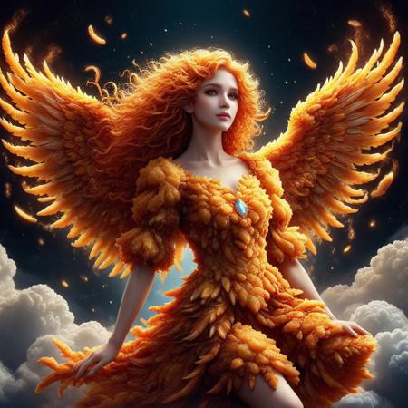 DFC, female, angel, wings made of deep fried & crispy breading, orange and yellow wings, full body, orange hair, long hair, red eyes, pale skin, medium breast size, orange and yellow dress, dress made of deep fried & crispy breading, flowing dress, gold accents, red necklace, barefoot, ankle bracelet, ethereal, fantasy, floating, clouds background, serene expression, detailed feathers made of deep fried & crispy breading, fantasy character, light and shadow, fantasy art, elegant, graceful, celestial, detailed fried & crispy breading textures, digital painting, highly detailed, fantasy setting, soft lighting, beautiful, delicate features, fantasy genre, character design, ethereal beauty, fantasy woman, clouds