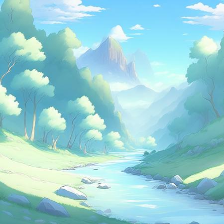 anime rendition of Peaceful river valley, serene scenery, epic landscape (RiverValley style:1) <lora:djzRiverValley:0.8)