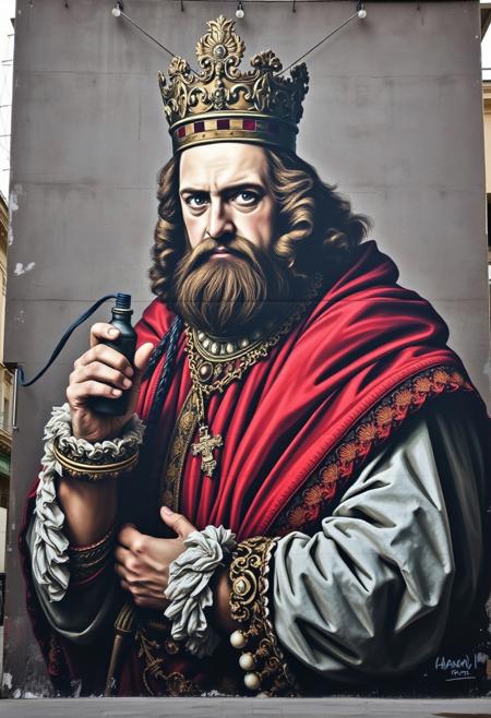 A large-scale street mural of a regal, 17th-century figure, but holding a Molotov cocktail instead of a scepter, blending historical portraiture with modern rebellion..
Old Master-inspired realism meets stencil-based street art, dramatic chiaroscuro lighting with gritty urban textures, muted Renaissance color palette blending with high-contrast political imagery, classical portraits infused with modern rebellion, haunting and introspective storytelling