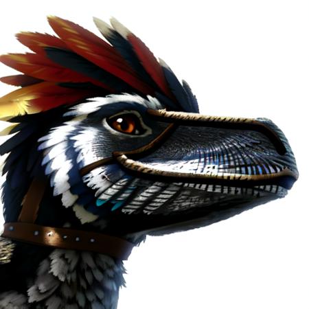 chibi, animal, raptor, dinosaur, feathers, animal focused,  <lora:Deinonychus-06:1>, looking at viewer, muzzle brake, leather muzzle, multicolored feathers, full body,  kkw-fur:1, face view, white background, photorrealistic, flat colors, masterpiece, high quality,