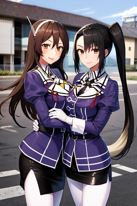 2girls,  outdoors, smile, BREAK
<lora:AshigaraKancolle_V10:1>, ashigara \(kancolle\), fang, military uniform, white hairband, purple jacket, neckerchief, white gloves, black belt, black skirt, miniskirt, pencil skirt, white pantyhose, BREAK
<lora:NachiKancolleV2:1>, nachi \(kancolle\), military uniform, purple jacket, collared shirt, white shirt, black necktie, white gloves, black belt, black skirt, miniskirt, pencil skirt, white pantyhose,