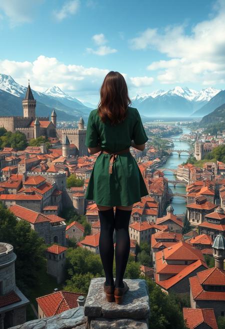 High quality high resolution digital photograph depicting a medieval cityscape from an elevated viewpoint. The layout features a sprawling city with intricate stone buildings, towers, and bridges, nestled in a lush, mountainous landscape. The subject is a lone female figure with their back to the view, wearing a short green medieval tunic and black hose, leaning on a pillar overlooking the city. The city is characterized by its dense architecture, with red-tiled roofs, narrow streets, and a prominent castle with multiple towers. In the background, snow-capped mountains and a river winding through the valley add depth to the scene. The overall colour palette includes earthy tones, greens, and greys