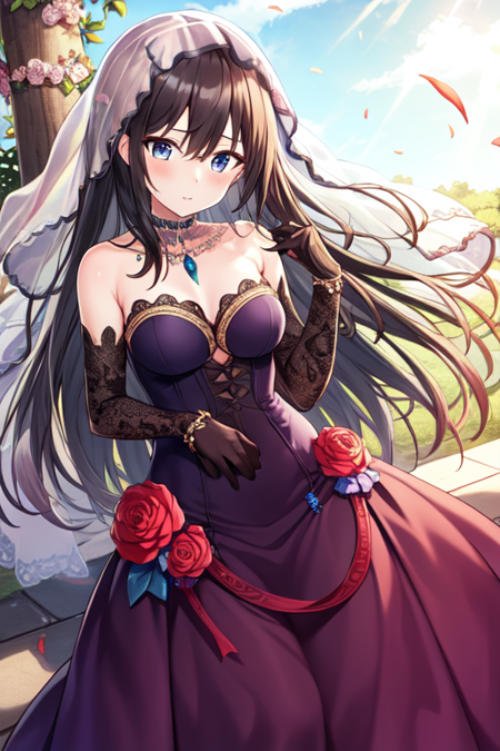 bridal, solo, 1girl, long hair, flower, bridal veil, looking at viewer, gloves, bare shoulders, jewelry, black hair