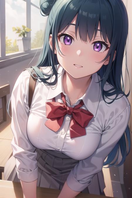 yoshikotsushima, <lora:yoshikotsushima-lora-nochekaiser:1>, 
yoshiko tsushima, blue hair, hair bun, (purple eyes:1.1), single side bun, bangs, long hair, (small breast:1.2),
BREAK bow, bowtie, buttons, grey skirt, long sleeves, pleated skirt, school uniform, serafuku, skirt, uranohoshi school uniform, yellow bow, yellow bowtie, sleeveless,
BREAK looking at viewer, 
BREAK indoors, classroom,
BREAK <lyco:GoodHands-beta2:1>, (masterpiece:1.2), best quality, high resolution, unity 8k wallpaper, (illustration:0.8), (beautiful detailed eyes:1.6), extremely detailed face, perfect lighting, extremely detailed CG, (perfect hands, perfect anatomy),