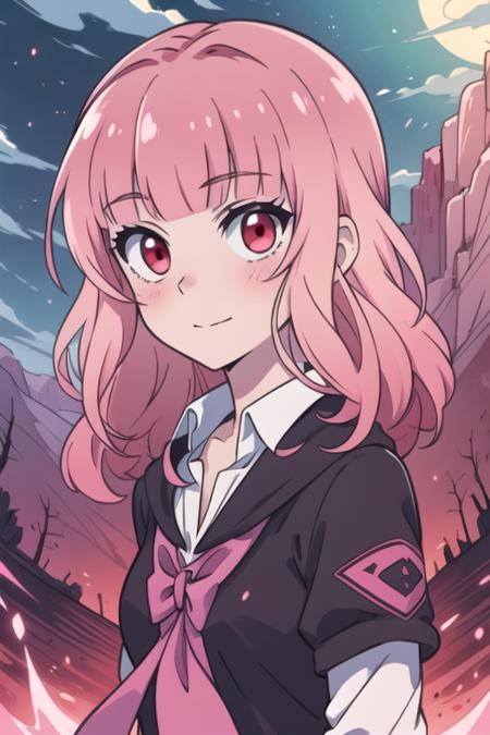 masterpiece, best quality, illustration, 1girl, solo, looking at viewer, , , <lora:kotoko_sumiso:0.66>, kotoko_sumiso, pink hair, red eyes, , , The Valley of the Damned, 32k resolution