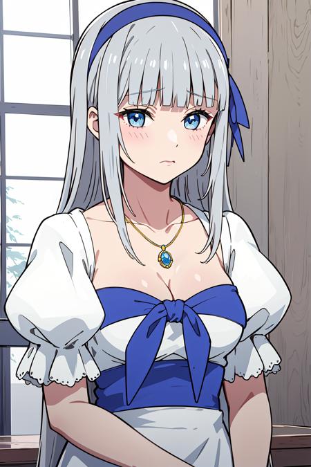 Holfort  jewelry, blue eyes, solo, long hair, cleavage, pendant, necklace, white dress, blue hairband, grey hair, blunt bangs, puffy sleeves, medium breasts, collarbone, eyebrows hidden by hair