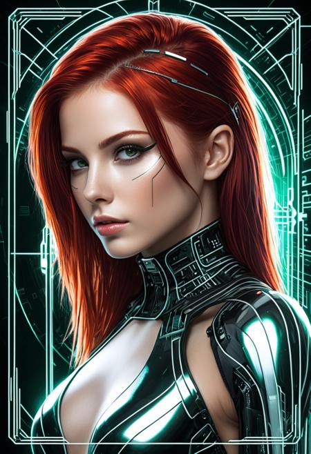 Netrunner cybernetic 1girl, bright makeup, cyber (dark green|black|digital) pupil, long (silver|black|redhead) hair, metallic skin, augmentations, looking at viwer, psychedelic lines background, metallic frame, dynamic_angle, (side:0.4) view from above, dinamic light, highkey, cyberpunk style, miami vice style, tarot card, virtual interface