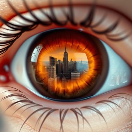 A hyper-detailed close-up of a human eye with the iris and pupil, the whole eye must be reflecting a huge modern urban city