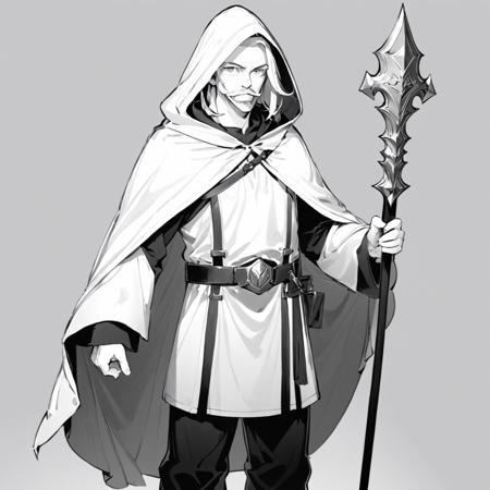 LineAniAF,
lineart,monochrome,(masterpiece:1.5),(best quality:1.5),1man,male focus,facial hair,holding,beard,hood,staff,old,gradient background,wizard,gradient,old man,solo,gem,white hair,hood up,mustache,long sleeves,holding staff,armor,belt,black background,shoulder armor,closed mouth,grey background,robe,simple background,wrinkled skin,long hair,pouch,standing,
, <lora:Lineart-LineAniAF-LessSize20:1>