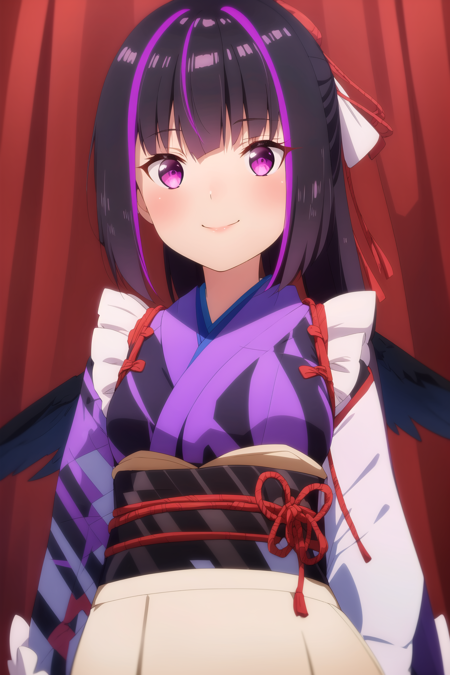 1girl, blush, kimono, headpat, purple eyes, closed mouth, japanese clothes, bangs, purple hair, multicolored hair, white gloves, spoken blush, hair between eyes, gloves, long hair, long sleeves, heart, white background, upper body, hand up, breasts, looking at viewer, ponytail, apron, solo focus, black hair, purple kimono, blue kimono, medium breasts, out of frame, streaked hair, two-tone hair, flying sweatdrops, very long hair, frilled apron, frills, pink background, bow, hair bow, 1other, white apron, wa maid, wide sleeves, simple background, solo, pov, gradient, gradient background, hair intakes, frilled kimono