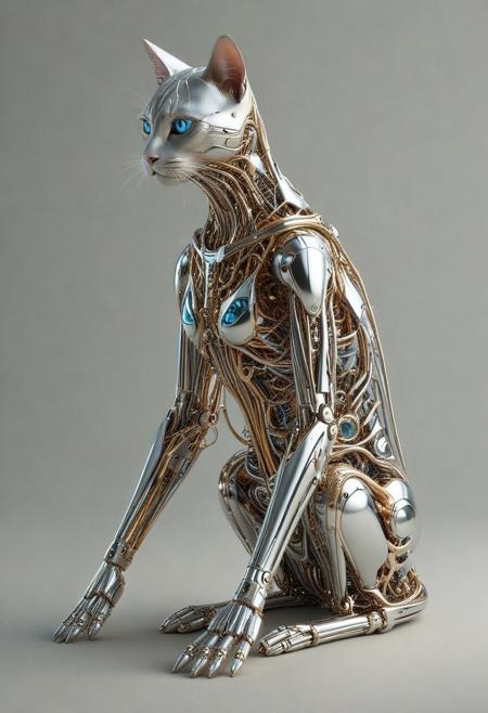 A stunning visually captivating scene of an ultrarealistic, gorgeously crafted feminine robot, her sleek metallic frame gleaming under dynamic, intricately layered lighting that creates a mesmerizing interplay of light, shadow, reflection, and subtle refraction. The use of cutting-edge raytracing techniques ensures every surface—from her polished chrome joints to her intricately detailed facial contours—renders with breathtaking realism, capturing microscopic textures and delicate imperfections that lend an organic quality to her design. The atmosphere is softened by a play of dreamy, diffused light, reminiscent of a slightly cartoon-inspired ethereal glow, with a subtle shimmer accentuating the edges of her form. Beside her, perched on her shoulder or playfully interacting at her feet, is a gracefully elegant cat, its fur rendered with exquisite detail, from the finest strands of hair catching the light to the spark of curiosity in its luminescent eyes. The palette leans into muted metallics with hints of pastel tones—soft silvers, brushed golds, and iridescent blues—imbuing the scene with a whimsical, futuristic, yet gentle ambiance. A faint, distant hum, almost imperceptible, reinforces the serene yet slightly magical tone. Together, the robot and the animal interact with an implicit narrative of companionship, their bond highlighted in this enchanting moment balanced between realism and fantasy.