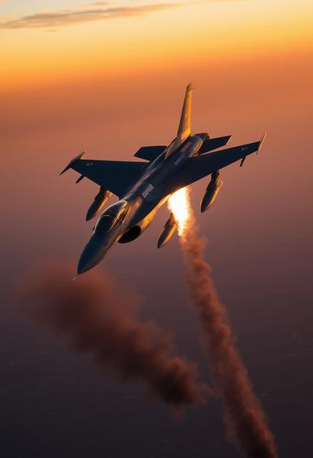 General Dynamics F-16 Fighting Falcon droping bombs over battlefield at sunset, smoke, explosion, perfect shape, stock photo