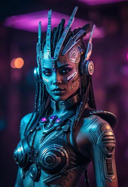 Craft an image of a beautiful model posing in a cyberpunk-inspired tribal enclave, adorned with futuristic body modifications and tribal cybernetics amidst the pulsating rhythms of electronic beats and flickering holograms. Low-key lighting Style