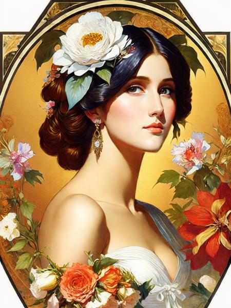 <lora:AlphonseMucha:1><lora:AlphonseMucha:1>a painting of a woman with flowers in her hair and leaves in her hair by Alphonse Mucha