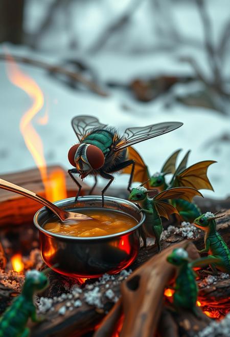 surreal VFX, big domestic fly stirring broth  with a steel red spoon on a campfire, sitting with a group of little green dragons with dark green wings seen under an electron scanning microscope, with details, snow, winter, vivid colors