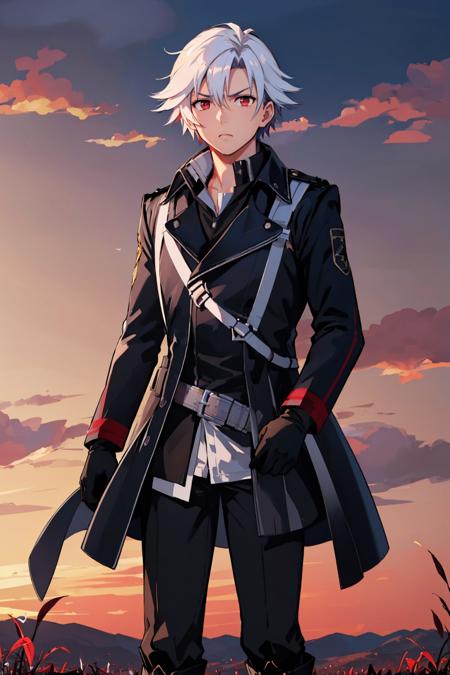 masterpiece, best quality, rean schwarzer, sen4rean, black coat, black pants, black gloves, white hair, red eyes, black boots, furrowed brow, serious, standing, wasteland, field, red sky, looking at viewer <lora:rean-nvwls-v1-000009:0.9>