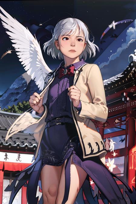 masterpiece, best quality,  <lora:KishinSagume:1>,<lora:comiclo:1>,1girl, solo, wings, red eyes, single wing, dress, jacket, feathers, bow, short hair, sky, white hair, night, feathered wings, looking at viewer, star (sky), long sleeves, purple dress, architecture, starry sky, east asian architecture, night sky, open clothes, bowtie