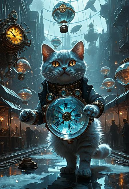 A cinematic 35mm oil_painting wide shot of Cat made of crystal, set in A steampunk city filled with airships and clockwork machines, a dynamic catching pose and an pout expression. The scene is illuminated by heroic backlighting, enhancing the dynamic atmosphere. mist curling around the characterâs feet. The details are ultra-HD, with stunning textures, lifelike depth, and 8k quality. Every element is meticulously crafted, captures the essence of the motif in breathtaking resolution. The image shows a  crystal world in rp_slgd style, <lora:SoulGemmed:0.75>, <lora:add-detail-xl:1>, <lora:JuggerCineXL2:0.8>, <lora:vivid_everclear:0.75>,